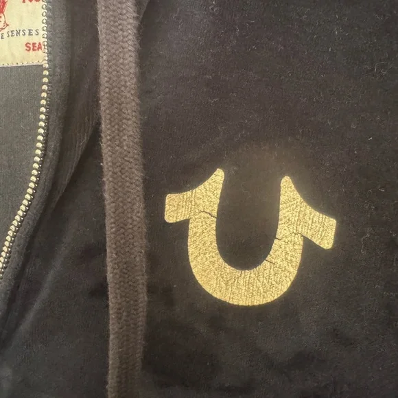 EUC Mens True Religion Black Velvet Zip Up Jacket Gold Logo Hoodie Size 3XL - Picture 2 of 5